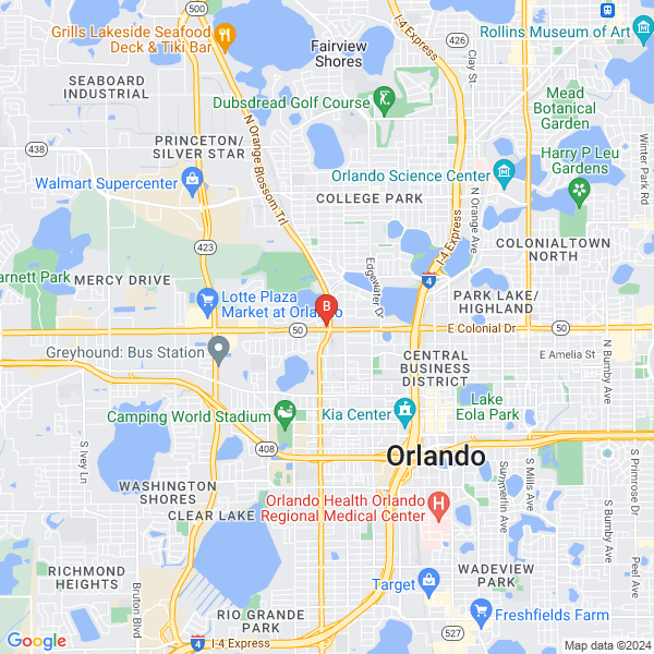 The Best Florida Homes location map: 1221 W Colonial Dr #105, Orlando, FL
